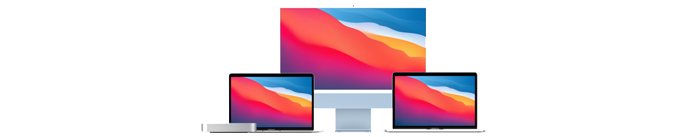 2022 Mac Lineup displaying an iMac, two MacBook Pros, and a Mac Mini