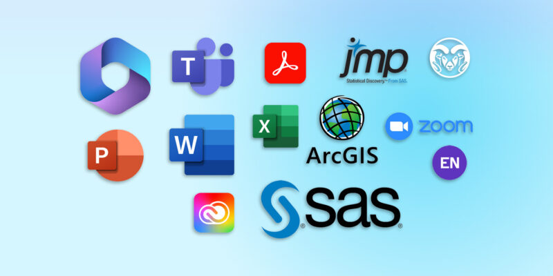 Software icons for M365 office, Adobe, Zoom, and more are shown.